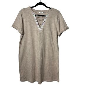 Umgee Taupe Short Sleeve Jersey Sweatshirt Dress Tie Lace Up Neck Sz Medium